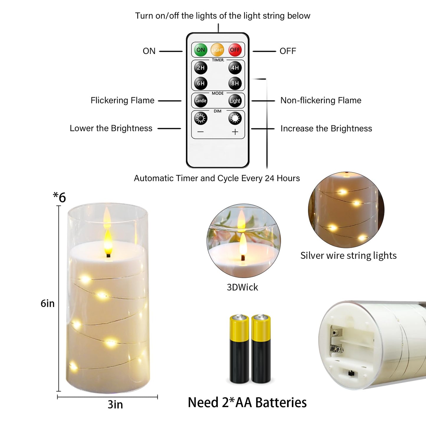 Hinabichan Flickering Flameless Candles with Remote Timer, 6pcs LED Battery Operated Candles with Embedded String Lights White, D3 H6