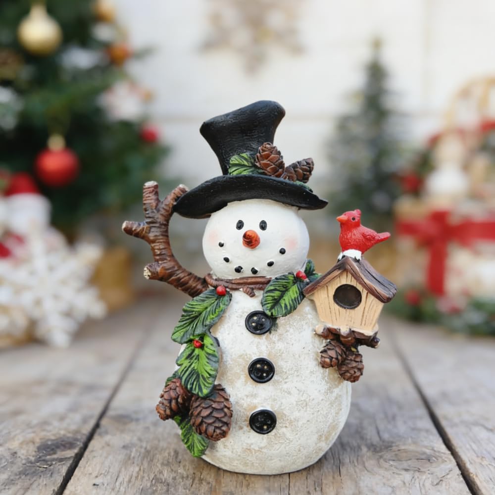 Gishima Snowman Decorations Indoor Snowman Figurines Decor Holiday Winter Ornament Christmas Figurines Table Decorations Gifts (Holding Cardinal)