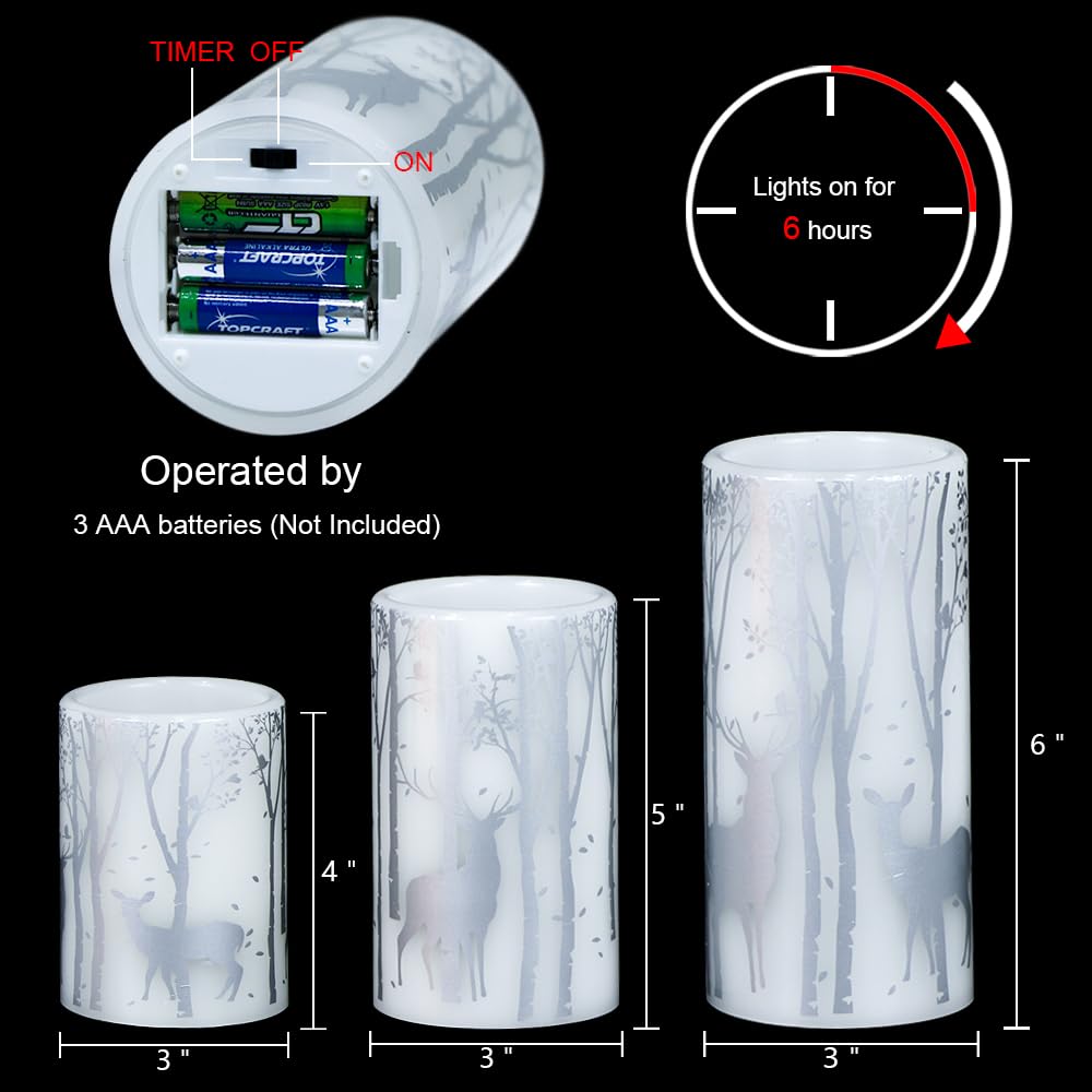 Lasumora Birch Silver Reindeer Christmas Candles with 6H Timer, Real Wax LED Candle Flameless Flickering, Battery Operated Candles Pillar for Home Décor Christmas Decorations Gifts, 3x4/5/6 inches