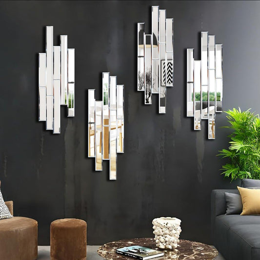 VOHJD Artisan Set of 4 Silver Beveled Wall Decor Mirrors - 24x8 Inch Each, Creative Combination Design for Modern & Farmhouse Home Decor, Shatter-Resistant Glass with Wood Backing
