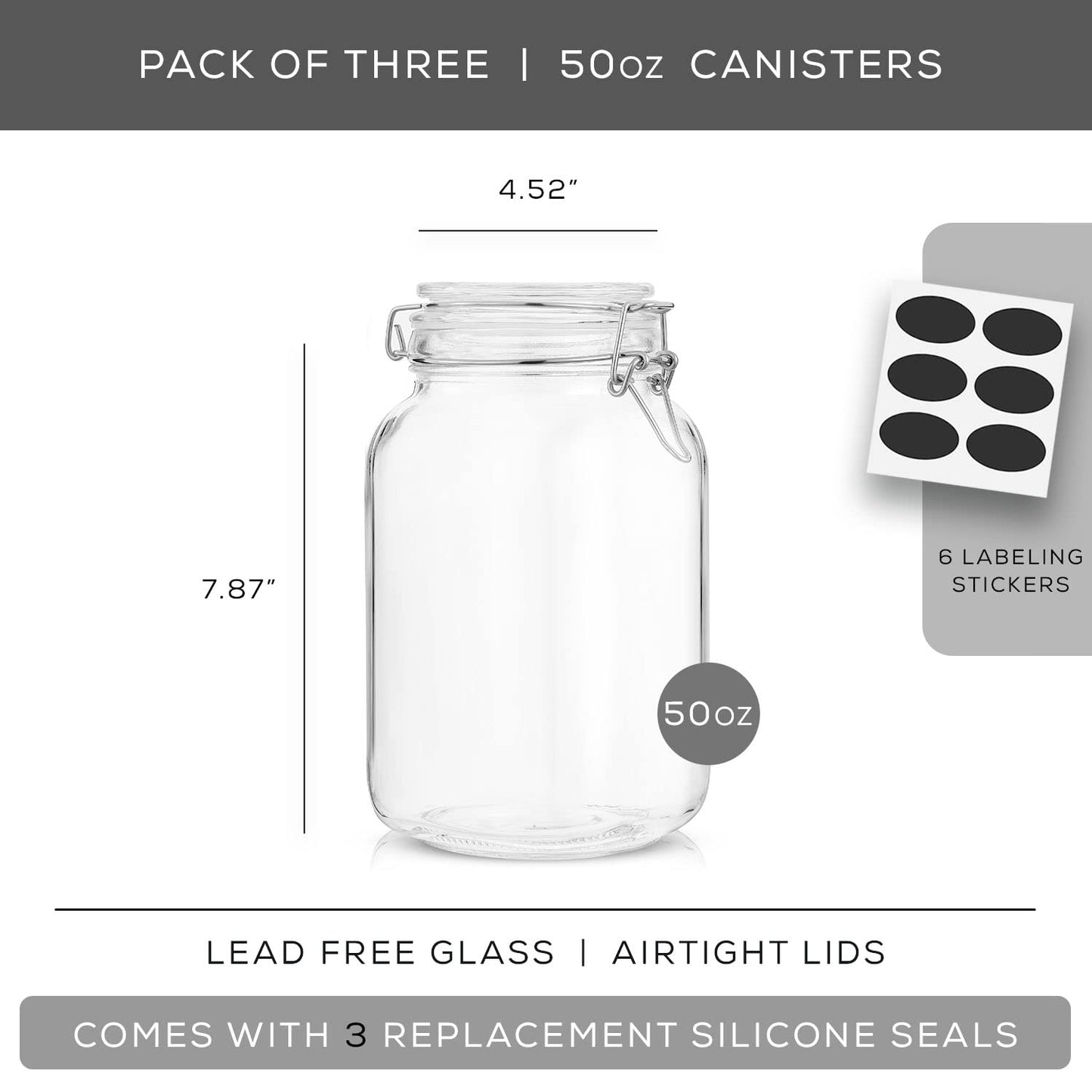 JoyJolt Airtight Glass Jars with Lids Set of 3. 50oz Glass Jar with Lid and 6 Silicone Seals! Med Glass Food Storage Containers. Square Mason Jar, Flour Jar, Candy or Cookie Jars for Kitchen Counter