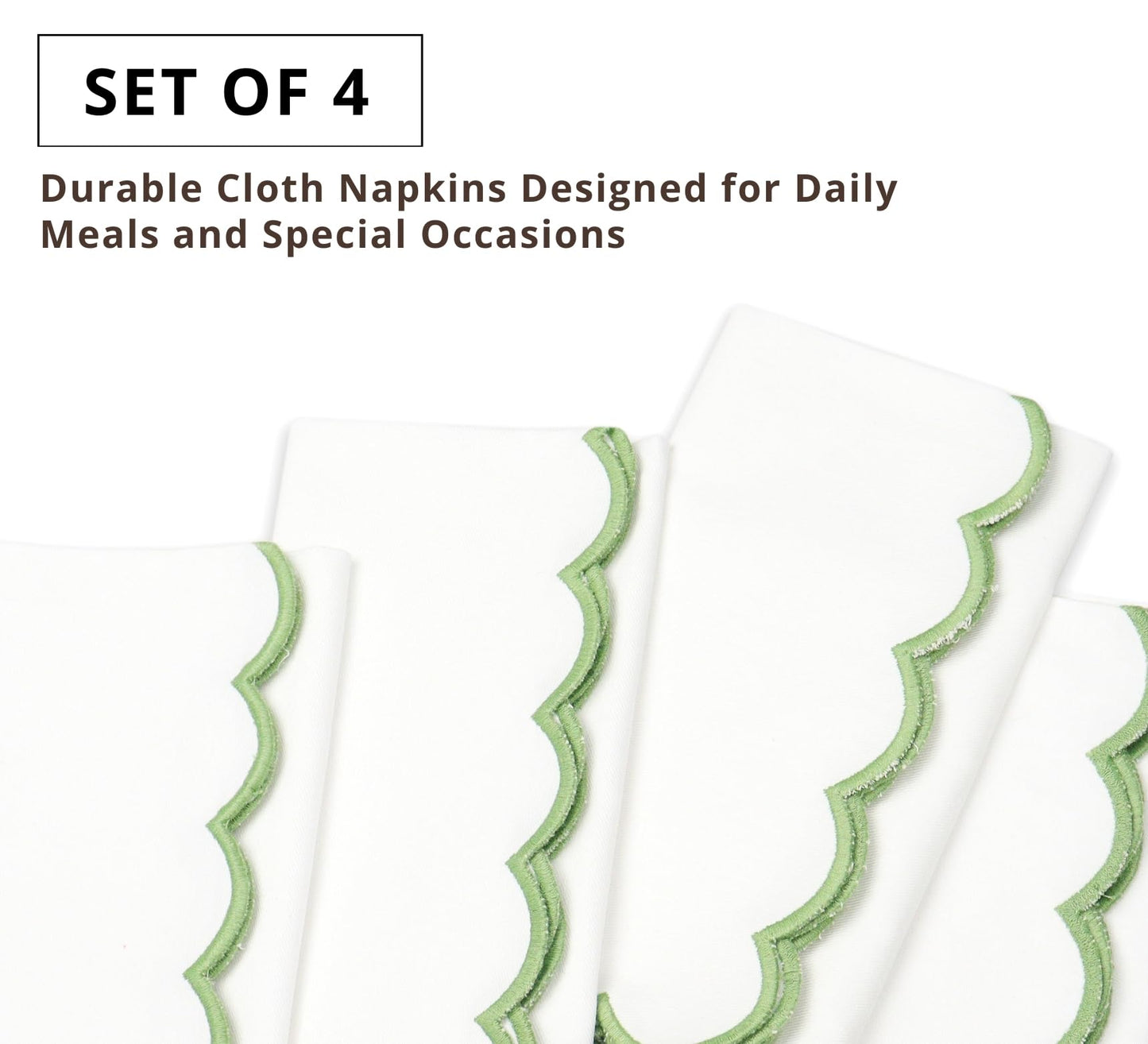 PurpleEssences Scalloped Embroidery Cloth Napkins - Spring Easter Summer - Table Decor - 100% Cotton - Set of 4-18x18 inch - White - Edges - Sage Green