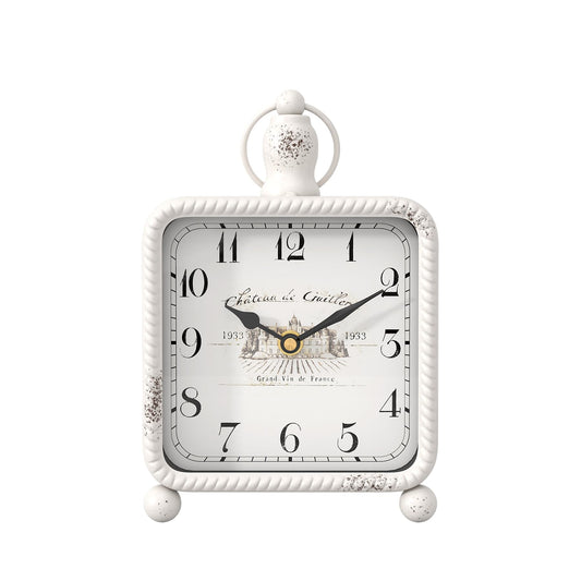 ChimeTide Vintage White Table Clock on Stand, Desk and Shelf Decor Clock, French Rustic Style Mantel Clocks for Farmhouse, Living Room, Bedroom, Bedside, Gift (8.5" H x 5.5" W)