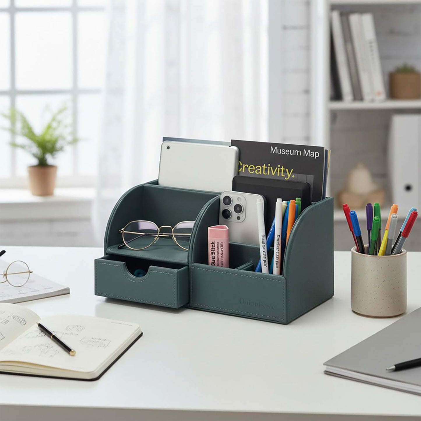 UnionBasic Desk Organizer - Multifunctional Leather Desktop Pen Holder Storage Box - Business Card/Pen/Pencil/Mobile Phone/Stationery Holder, Dark Ivy