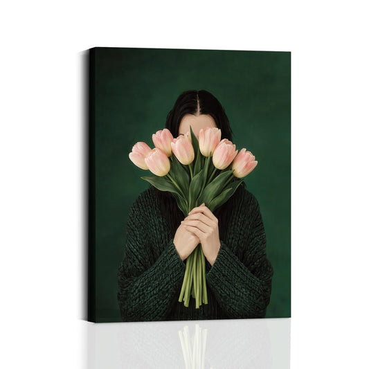 EELWDBH Green Canvas Wall Art, Abstract Portrait Wall Decor, Vintage Aesthetic Artwork for Living Room Bedroom, Modern Minimalist Feminine Wall Art, 12x16 Inch