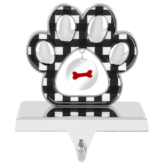Fowecelt Dog Paw Christmas Stocking Holder with Small Paw Pendant 3D Silver Metal Mantel Black Buffalo Plaid Stocking Hanger for Fireplace Mantel Shelf Stand Table Christmas Decor
