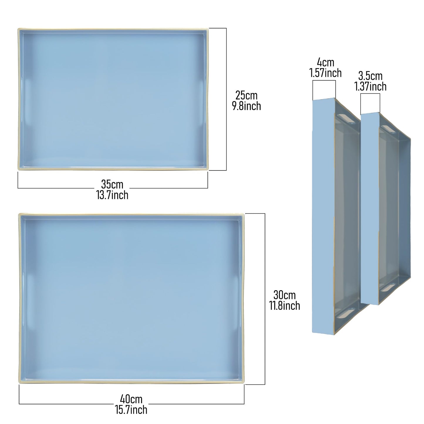 Serving Trays Set of 2, Decorative Plastic Serving Trays with Handles, Party Tray for Food, Coffee Table, Ottoman, Bathroom, and Living Room (Blue)