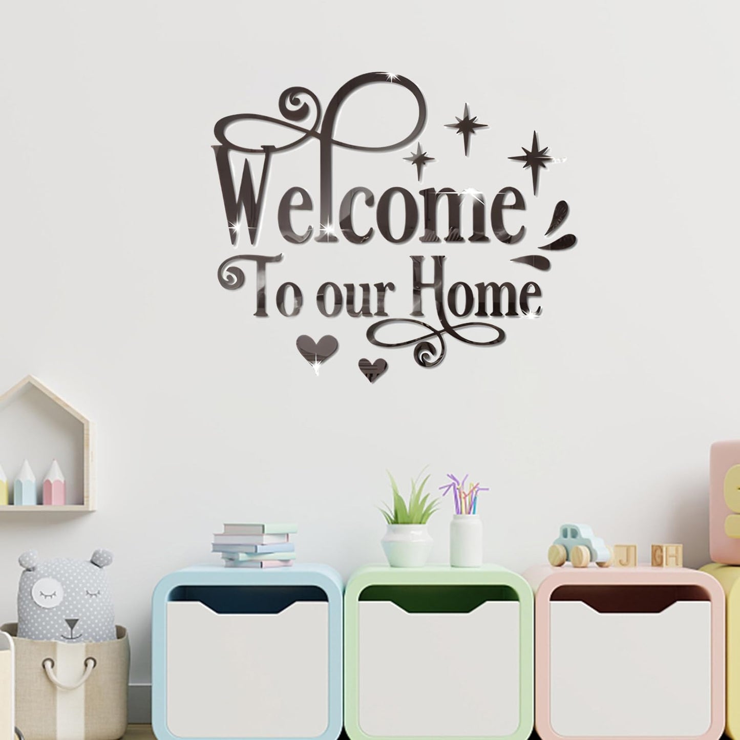 INCAUCA Welcome to Our Home Wall Decor Sticker, Home Acrylic 3D Mirror Wall Decal, Removable Art Letter Sign, Wall Door Quote Decoration DIY for Living Room Bedroom Sofa TV Background (Black)