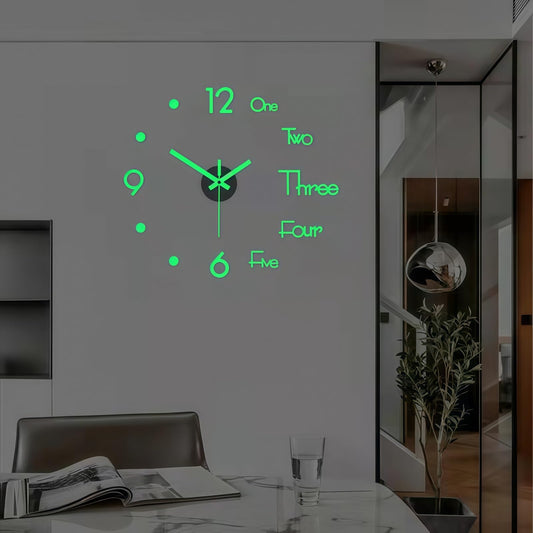 YJHWLF 3D DIY Wall Clock, LuminousFramelessSilent Living Room Dining Room Simple 3D Wall Sticker Wall Clock Creative Luminous DIY Acrylic Punch-Free Quartz Clock (15.8IN)