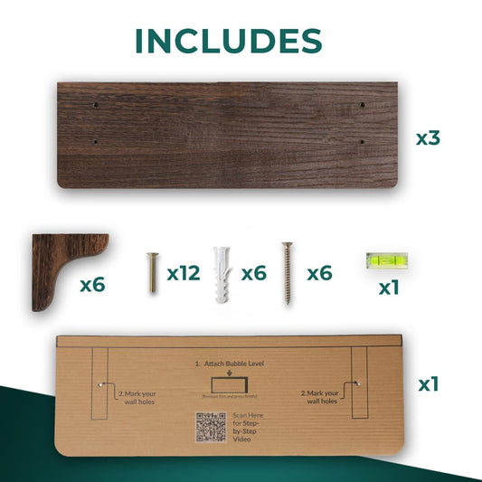 Real Wood Wall Mounted Shelving Rustic Wood Shelves with Brackets - 17 inch (3 Pack) - Easy to Install, Template and Video Included - Wide Brown Shelves for Wall