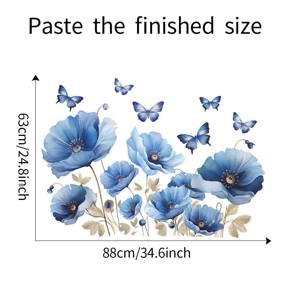 iMagitek Blue Flower Wall Decals Peel and Sticker DIY Floral Butterly Wall Stcikers Murals for Girls Bedroom, Living Room, Kids Room Wall Decor