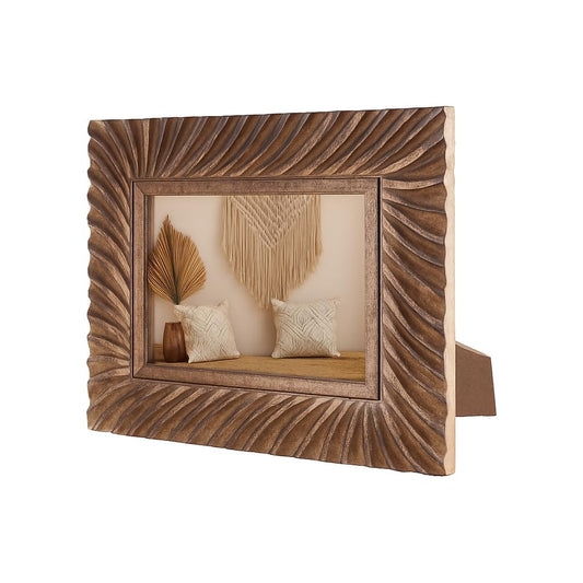 indoStrides Hand Carved Mango Wood 5x7 Picture Frame with Real Glass – Brown Ridged Pattern Vintage Wood Frame for Tabletop or Wall Mount Use – Rustic Home Decor for Home & Memories