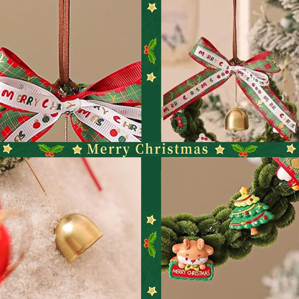 Christmas Bell Pipe Cleaner Wreath Ornament, Handmade Festive Wreath with Cute Figurines & Ribbon, Christmas Tree Hanging Decor for Home Party Holiday Atmosphere Enhancement