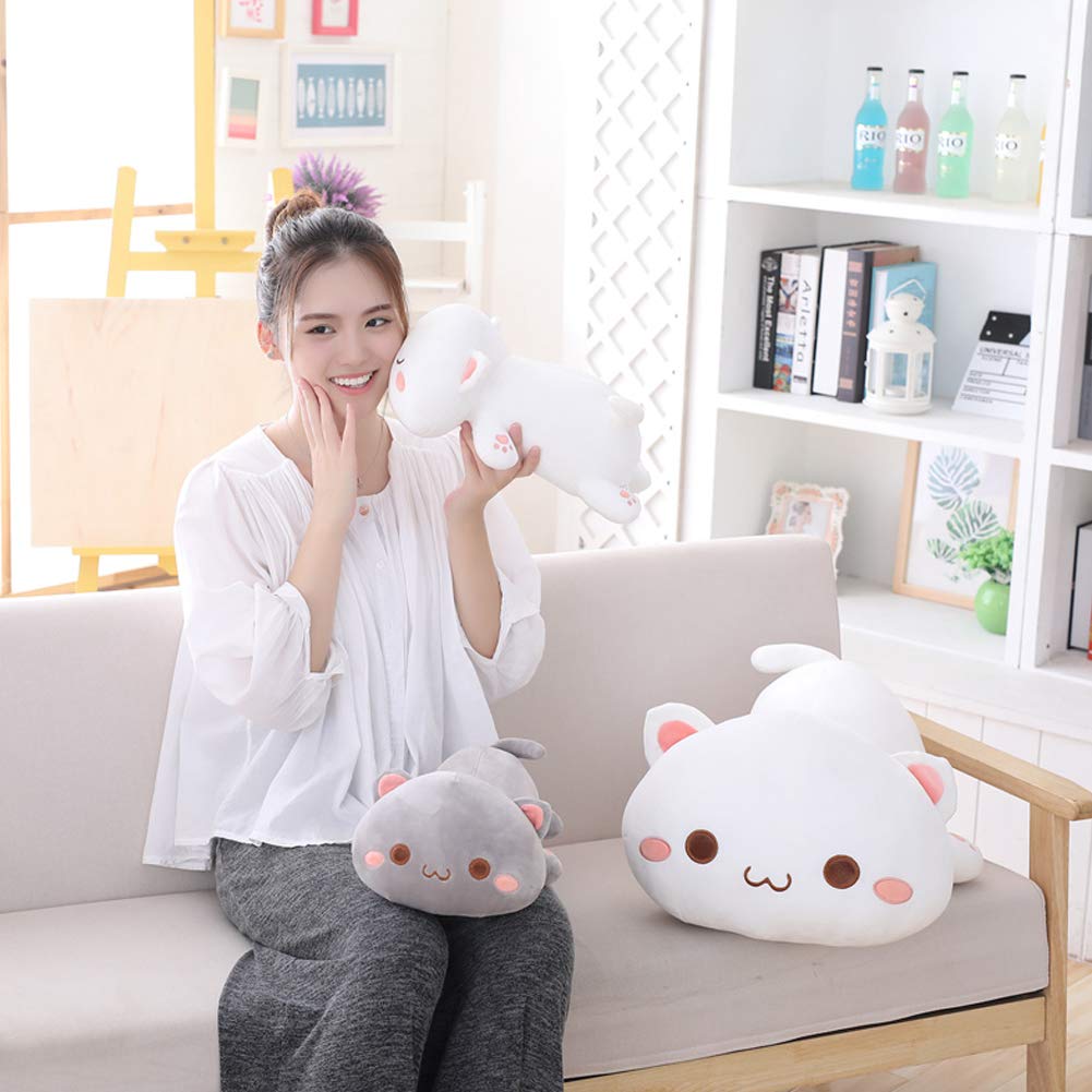 Jensquaify Cat Stuffed Animals, Soft Cat Plush Pillow Kawaii Kitten Stuffed Animal Toy Gifts for Kids (Grey Round Eyes, 13.7")