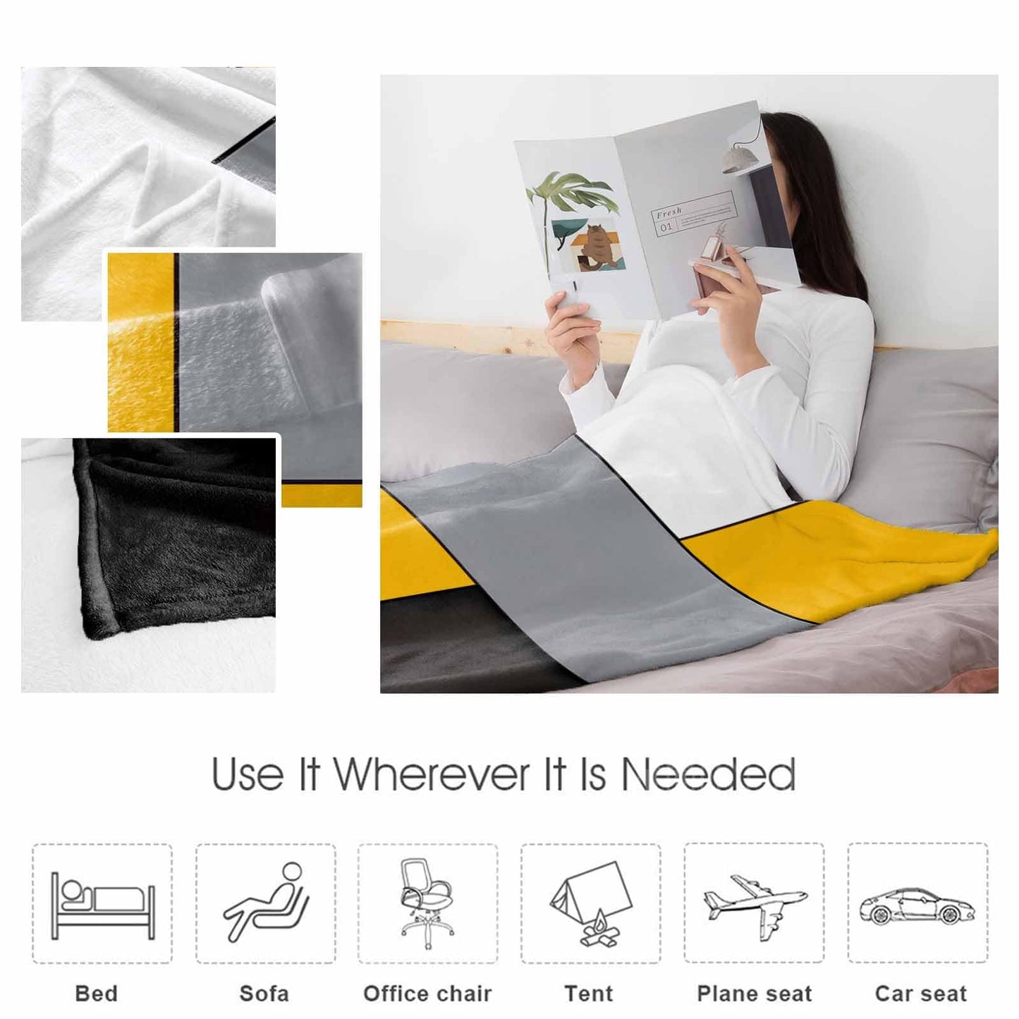 Flannel Throw Blanket Abstract Geometric Patchwork Art,Lightweight Soft Warm Fleece Blankets for Sofa Couch Bedroom,Yellow Black White Grey Cozy Fuzzy Microfiber Throws for All Seasons 30x40in