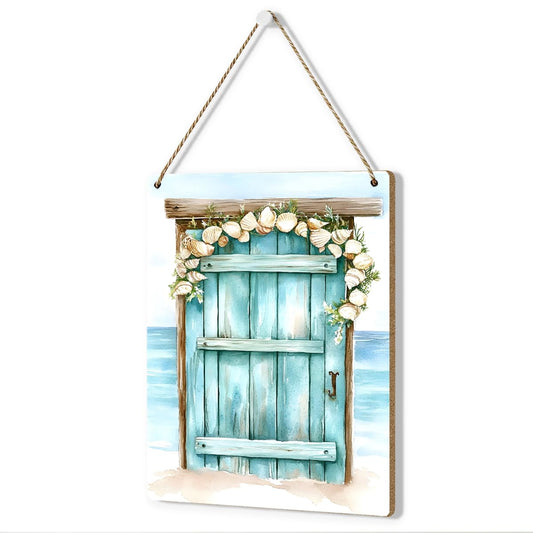 Coastal Beach Decor Wooden Nautical Wall Decor,Ocean Sea Wall Art，Rustic Door Seashell Hanging Wood Plaque for Front Door Home Farmhouse Living Room Beach House Nursery Bedroom，7.8x10.2 inch