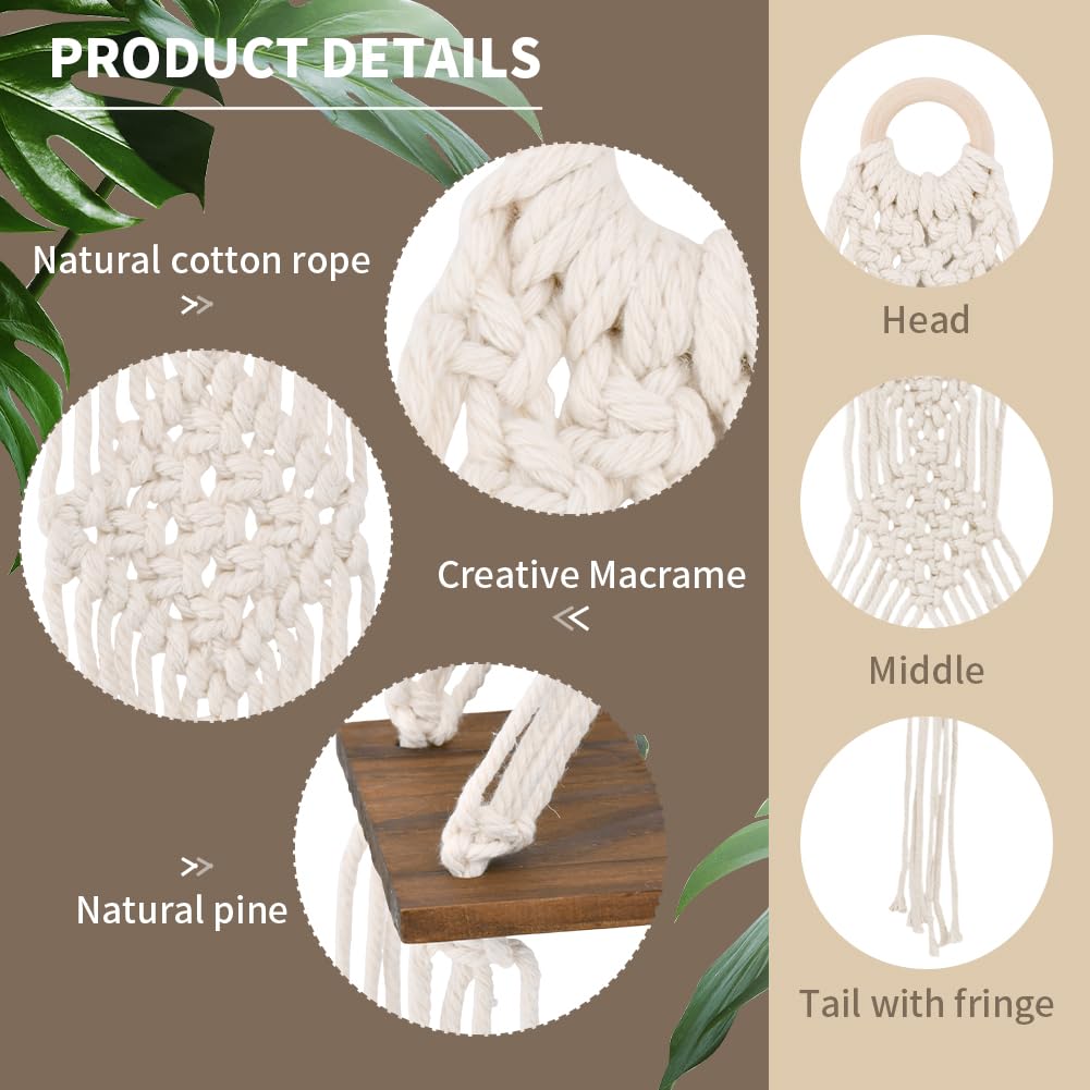 Trenqular 2 Pack Macrame Wall Hanging Shelf,Boho Wooden Display Floating Shelves with Handmade Woven Rope,Rustic Wood Floating Storage Shelf,for Living Room Hanging Plants Photos