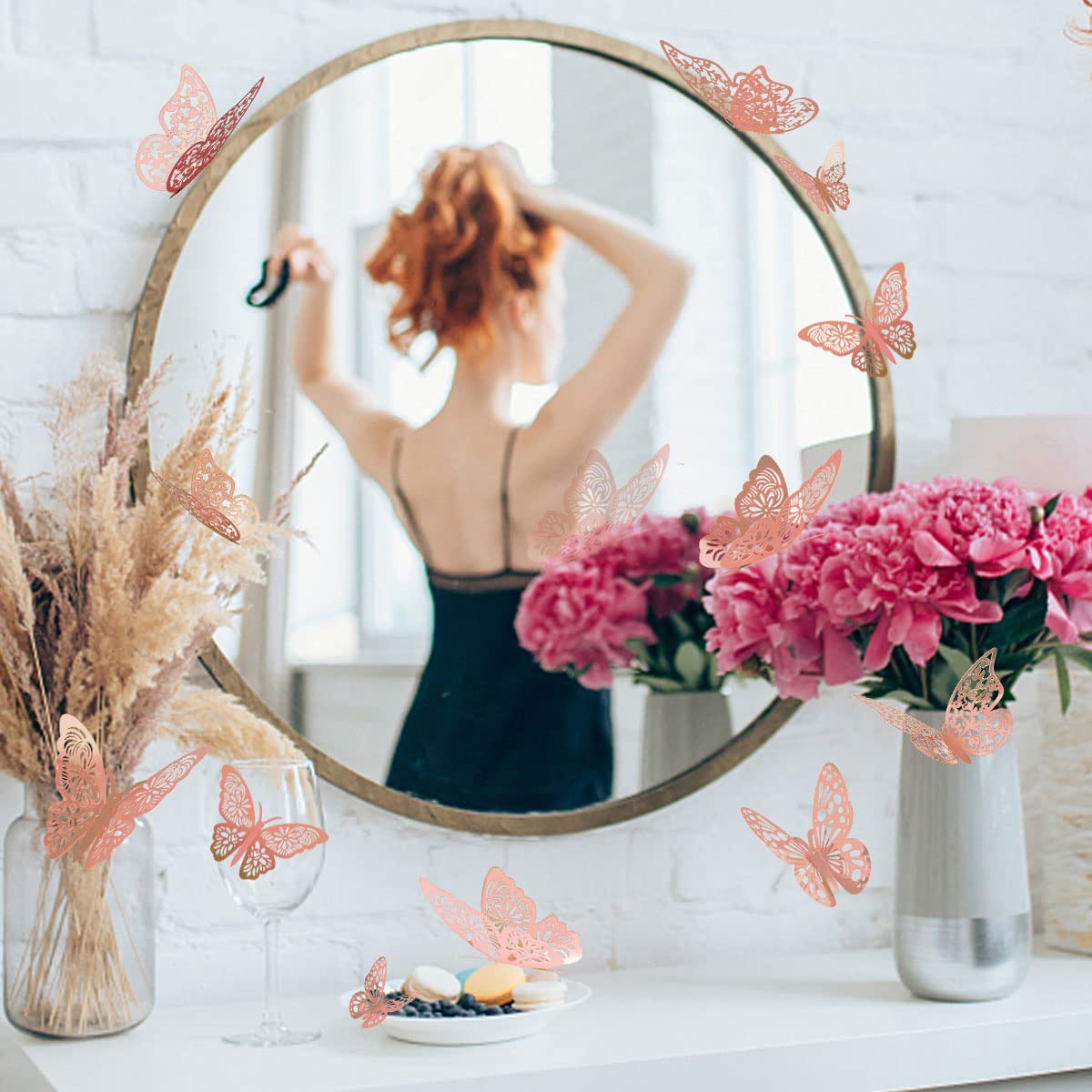 Nelotaor 36 Pcs Butterfly Wall Decor, 3 Styles 3 Sizes 3D Rose Gold Butterfly, Wedding & Birthday Party Decorations, Girls Bedroom Decoration