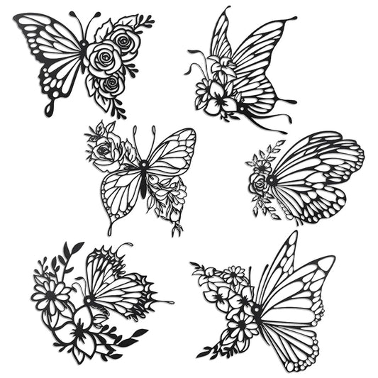 OT-NVWOZR 6PCS Butterfly Wall Decor, Metal Wall Art Butterfly & Flower Wall Decorations for Bedroom, Black Hanging Ornaments for Home Living Room Indoor Outdoor Farmhouse-Large Size