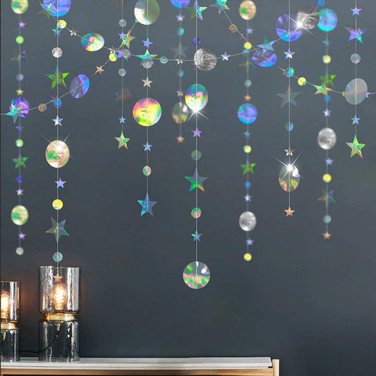 Cheerland Iridescent Party Decorations Holographic Star Garland Hanging Stars Moon Streamer Galaxy Birthday Decoration Ramadan Eid Banner Baby Shower Backdrop Space Alien Celestial Party Decor