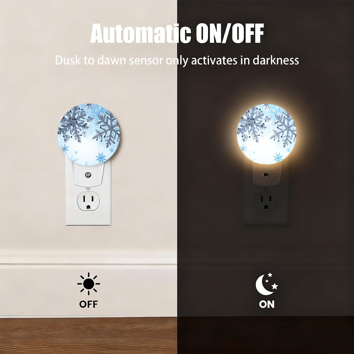 Olikked Plug-in Winter Frost Scene Night Light Sparkling Winter Crystals Snowflakes Nightlight with Dusk to Dawn Sensor, Auto On/Off 0.5W Energy-Saving LED Lighting for Sleep Friendly