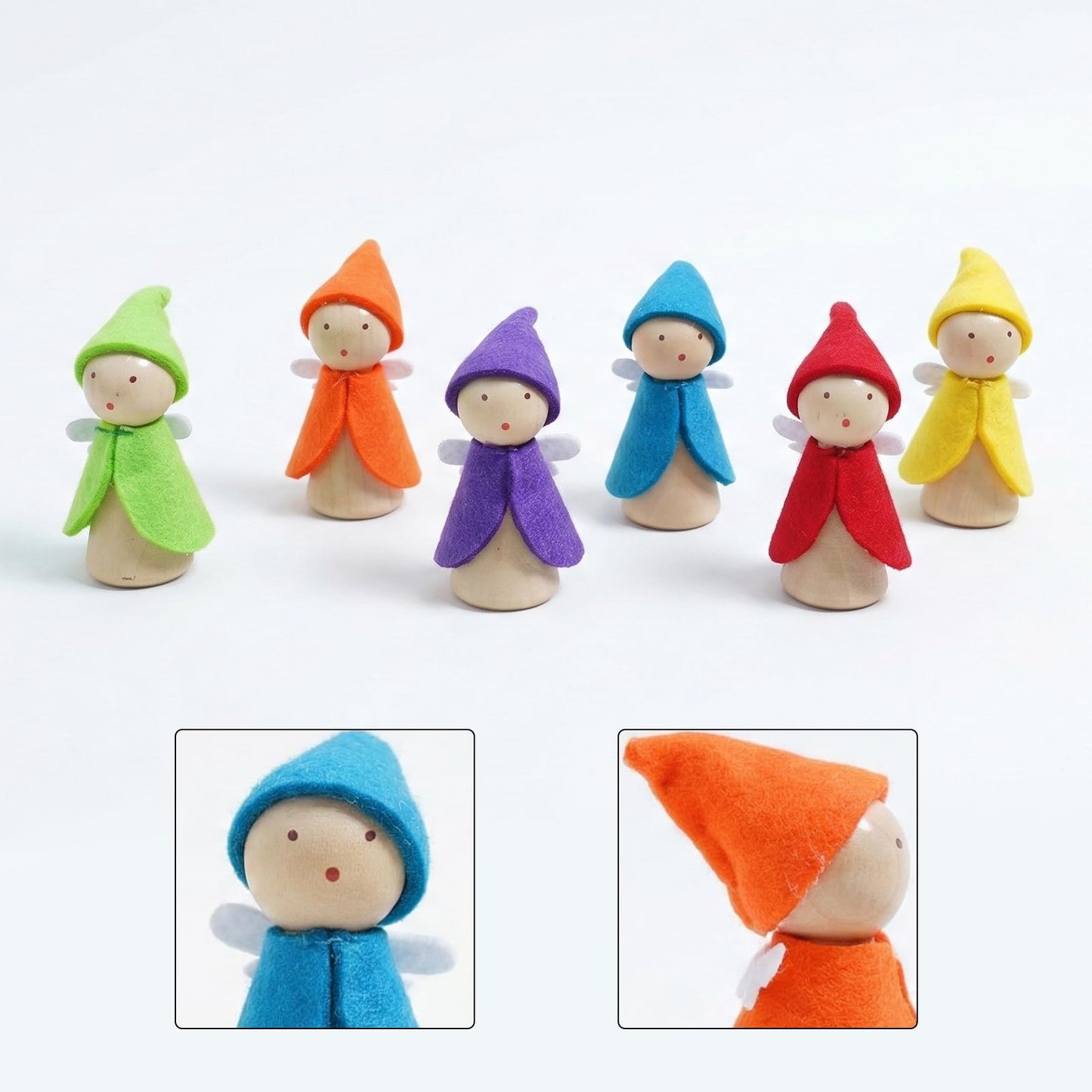 Sing2sky 6 Pcs Wooden Elf Figures, Miniature Dollhouse Accessories for Kids Ages 3+, Cute Wood Gnome Peg Dolls for Small Fairy Garden Decor