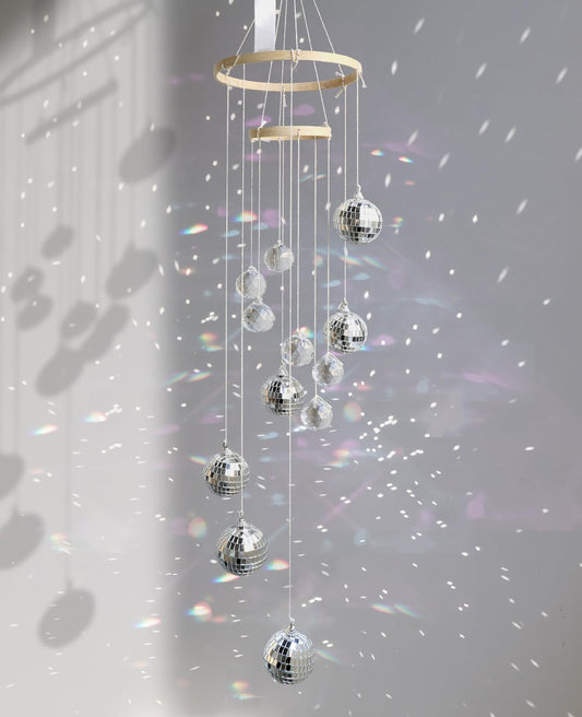 AceList Hanging Disco Ball Decor Sun Catcher Crystals, 35 inch Handmade Dual Spiral Crystal Suncatcher Mobile, Mirror Ball & Light Catcher for Window, Boho or Crystal Decor