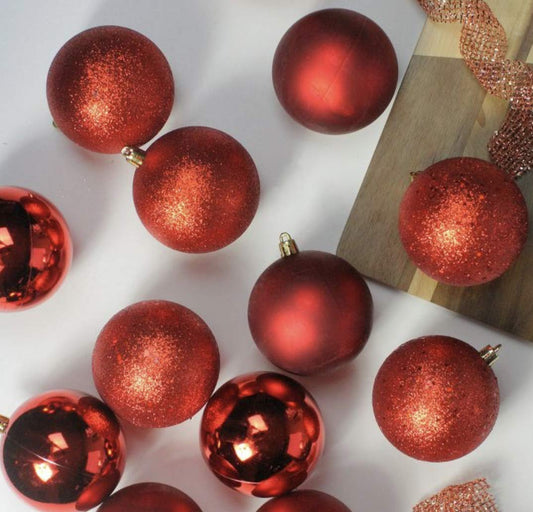 Amplexpo 12ct/80mm Shatterproof 4-Finish Christmas Ornaments Set (Red)