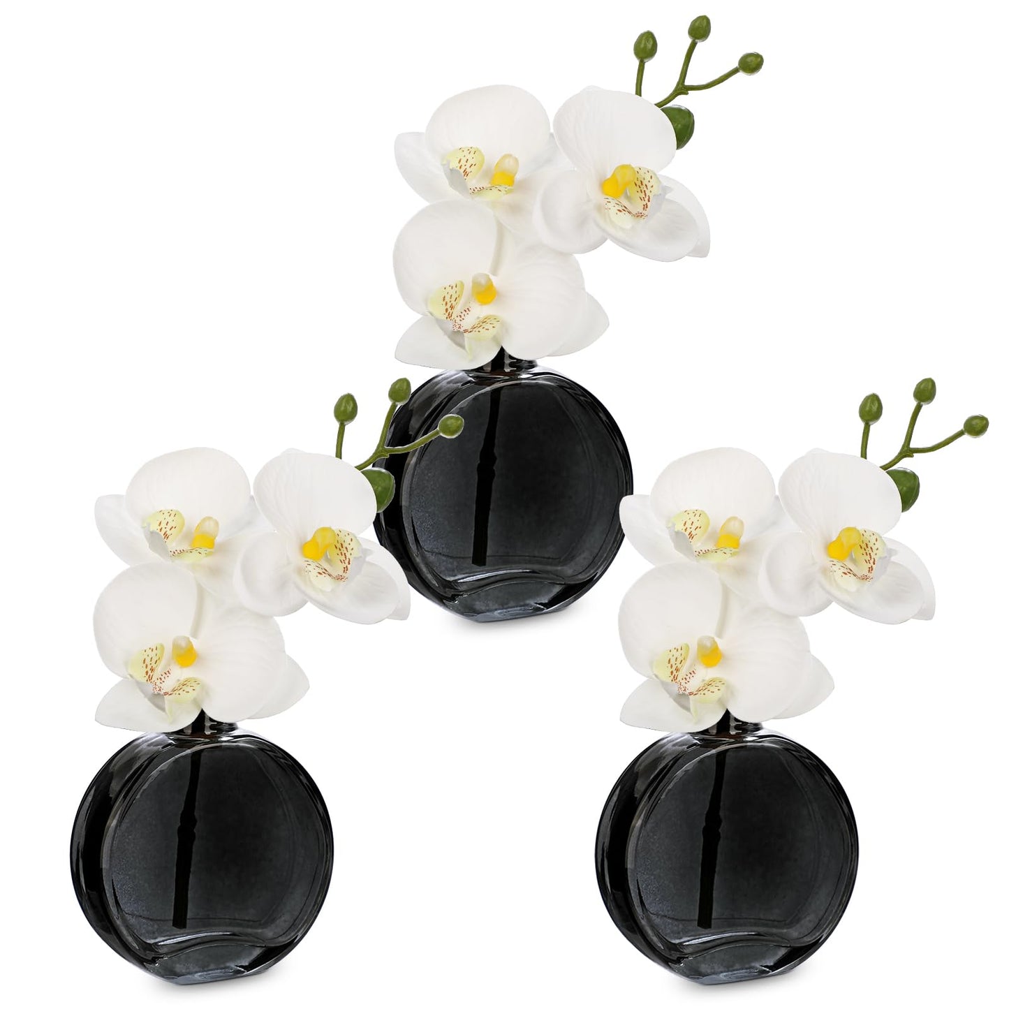 Oairse White Orchids Artificial Flowers Faux Orchids Arrangement in Black Glass Vases Set of 3 Real Touch Phalaenopsis Orchid Flowers Small Fake Orchid Centerpiece for Dining Room Table