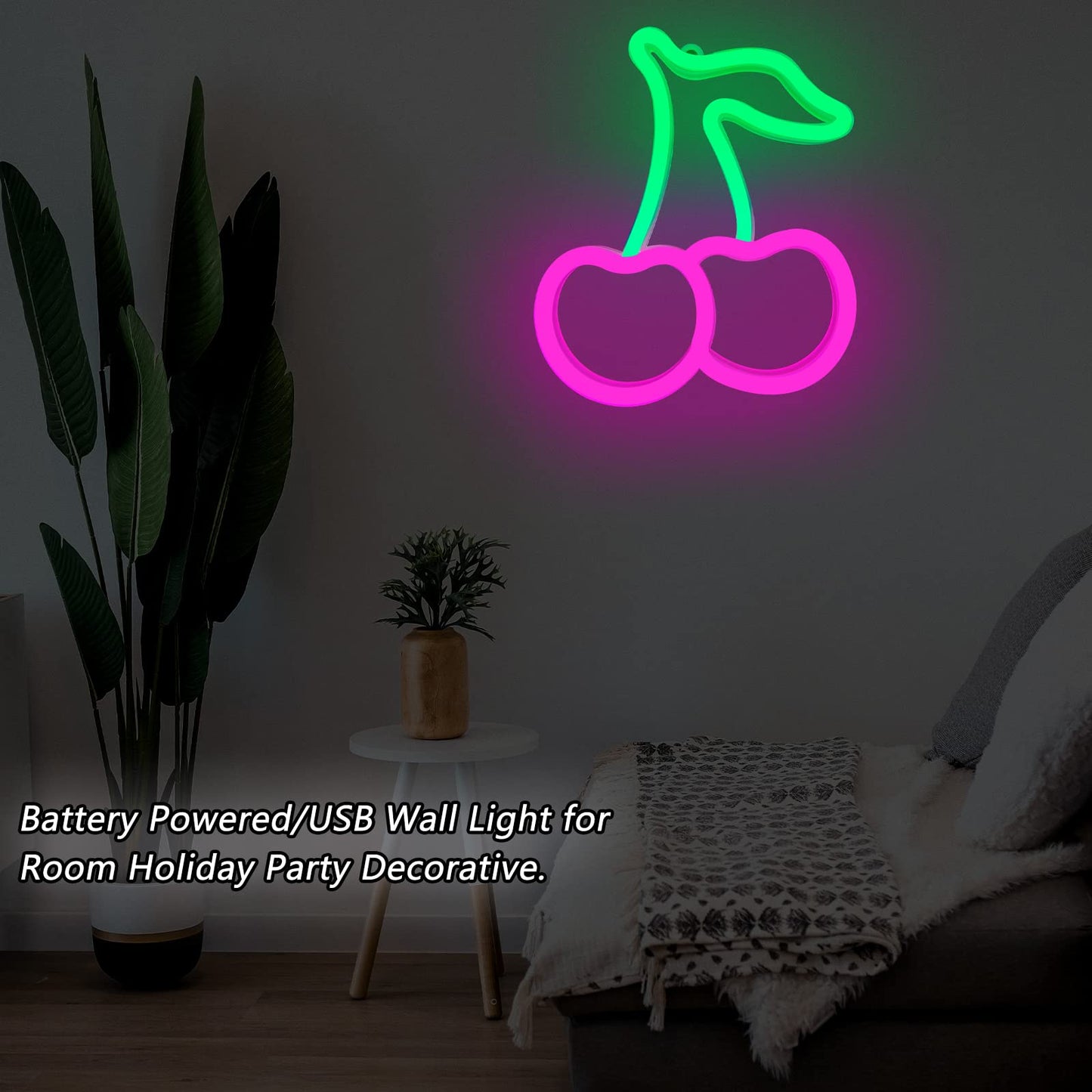Cherry Neon Sign,Pink Green Cherries Neon Lights Cherry Neon Signs for Wall Decor,Cute Fruits LED Signs for Kids Room Restaurant Bar Fruit Shop Home