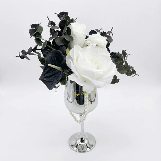 Silver Grace Crystal Flower Vase with Faux White Roses and Black Calla Lilies Elegant Artificial Flower Arrangement Decorative Glass Flowers for Home and Table Decor