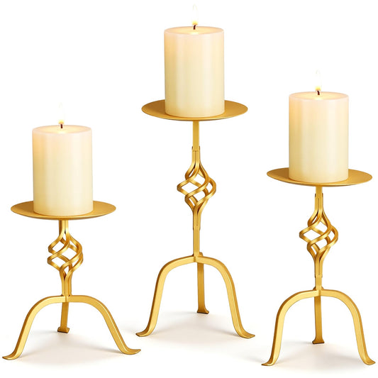 Ferrochef Set of 3 Gold Candlestick Holder Metal Vintage Candle Holder 9.8, 8, 6.3 Inch Tall Decorative Wrought Iron Pillar Candle Sconce Home Decor Wedding Dinning Party Anniversary(Retro)
