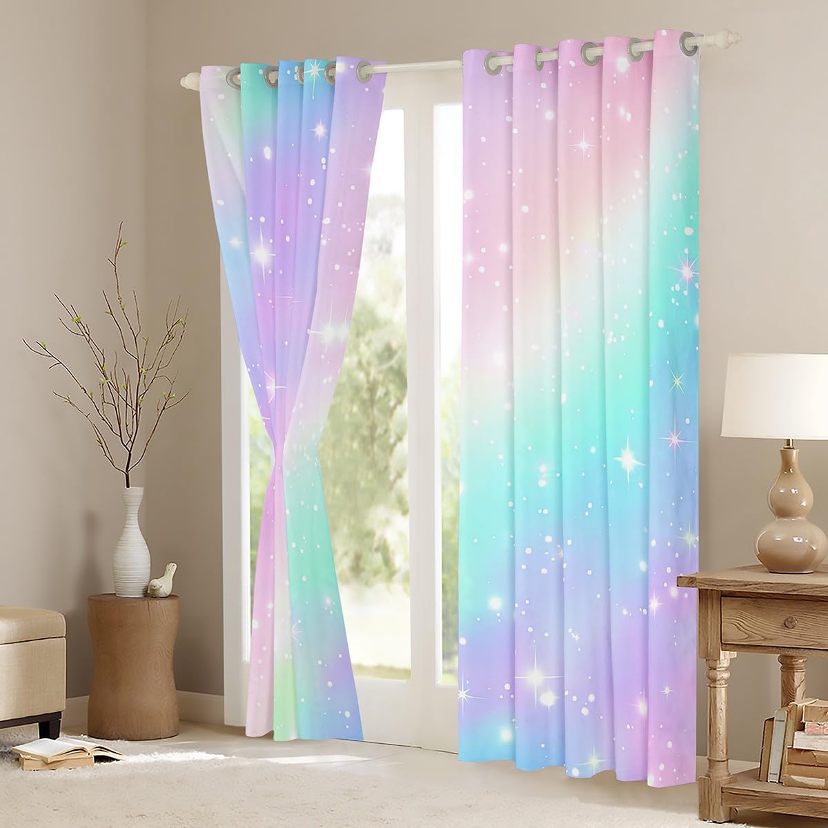 Erosebridal Ombre Blackout Curtains Tie Dye Gradient Darkening Curtains Girl Batik Pink Purple Blue Window Treatments Rainbow Iridescent Window Drapes 38"x45",2 Panels