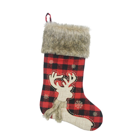 Comfy Hour 20" Black and Red Plaid Reindeer Christmas Stocking, Rustic Antique Vintage Figurine Style Home Decor, Faux Fur Scarf Reindeer Holiday Office Mantel Decoration