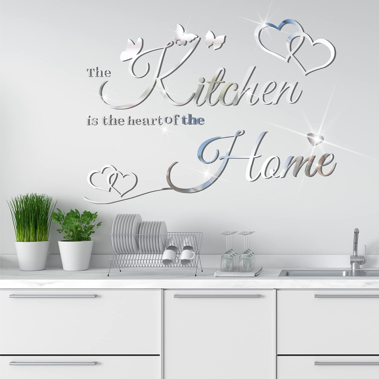 Kitchen Wall Stickers Kitchen The Heart of The Home 3D Acrylic Mirror Wall Decal Removable Quotes Sign Butterfly Heart Saying Decals DIY Art Decoration for Home Dining Room