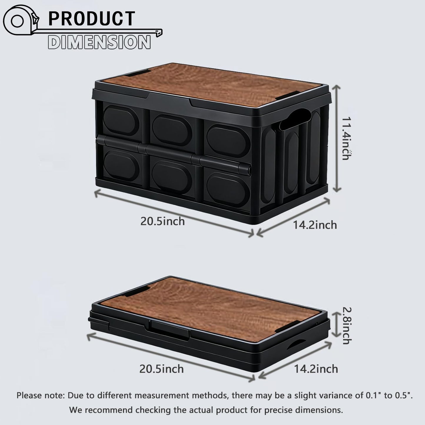 CTESNE【3-in-1 Wooden Lid 32L Storage Bins with Lids and Handle，Portable Foldable Storage Box ，Plastic Stackable Storage Bins for Camp Car RV, Office (Black)