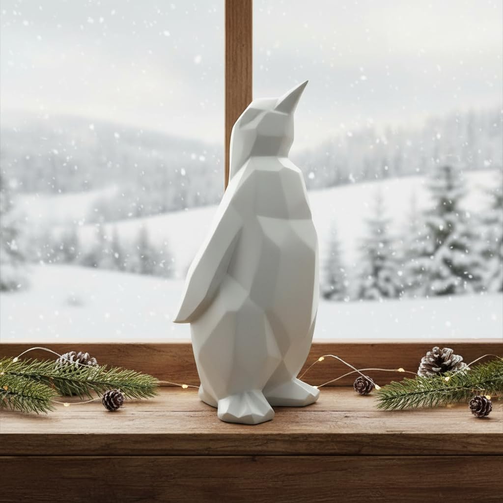 Comfy Hour 7" Modern Penguin Figurine, Scandinavian Animal Decor, Minimalist Geometric Statue for Home Office, White Polyresin Artisan Crafted Sculpture, 1 Unit