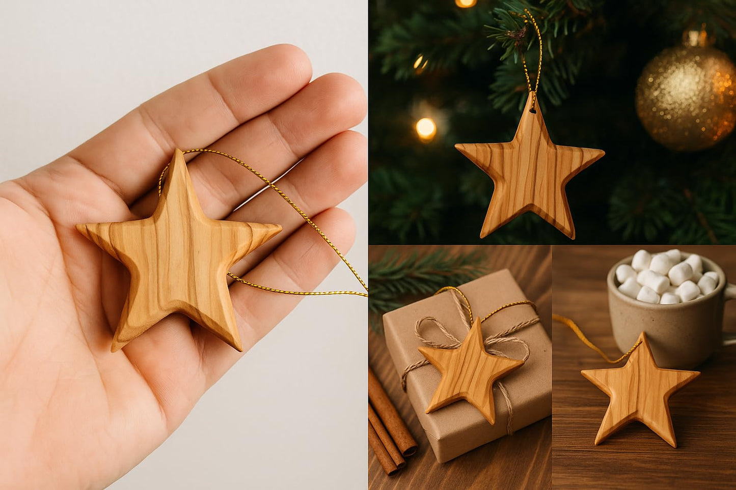 Handcrafted Olive Wood Star Ornament - Unique 2.56”x2.76” Eco-Friendly Christmas Tree Decor, Authentic Mediterranean Craft, Sustainable Holiday Decoration, Perfect Eco Gift for Christmas