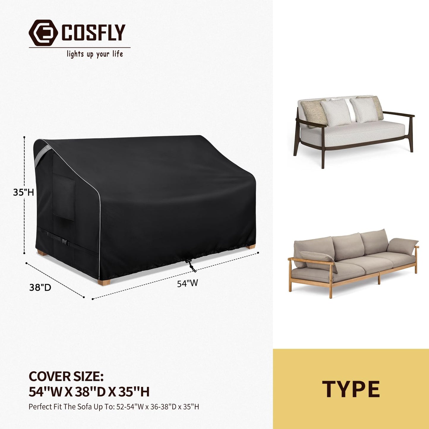 COSFLY Outdoor Patio Sofa Covers Waterproof, Heavy-Duty UV-Resistant Furniture Covers, Adjustable Fit with Buckle Straps, Fits 3-Seater Sofa up to 79"W x 38"D x 35"H ( Black)
