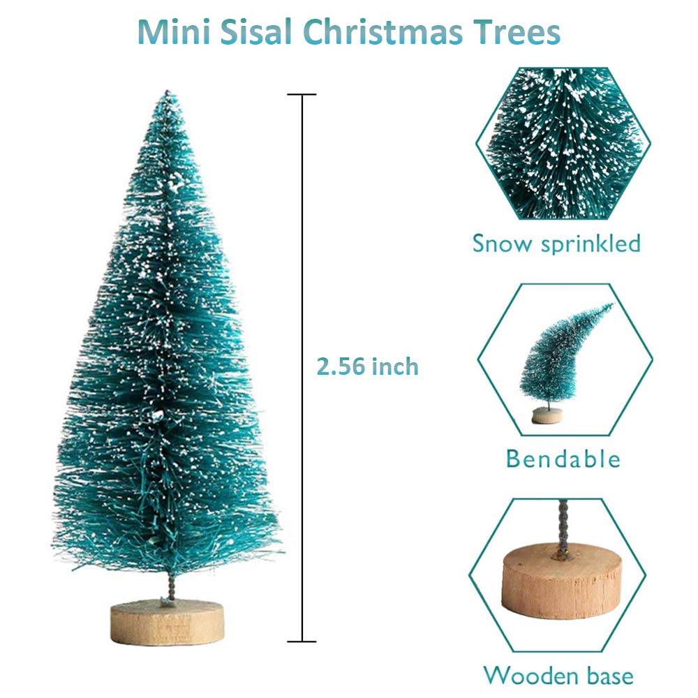 Artificial Mini Sisal Christmas Trees Snow Frost with Wooden Bases for Home Party Decoration Ornament DIY Craft (Blue-Green, 20 pcs)
