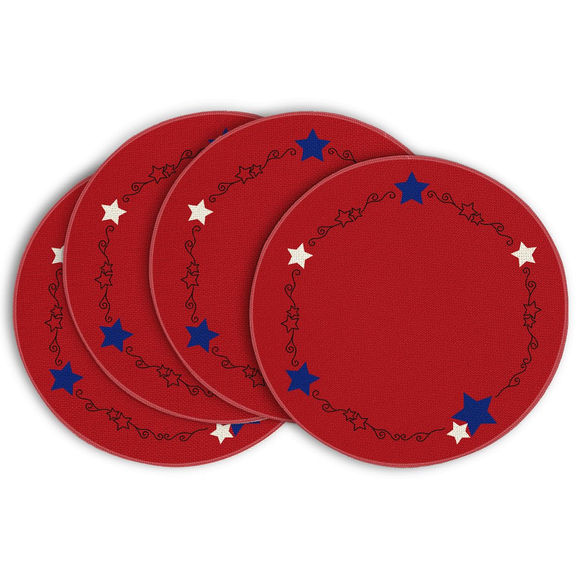 Artoid Mode Red Stars Border 4th of July Round Placemats Set of 4,14 Inch Memorial Day Table Mats for Party Kitchen Dining Decoration