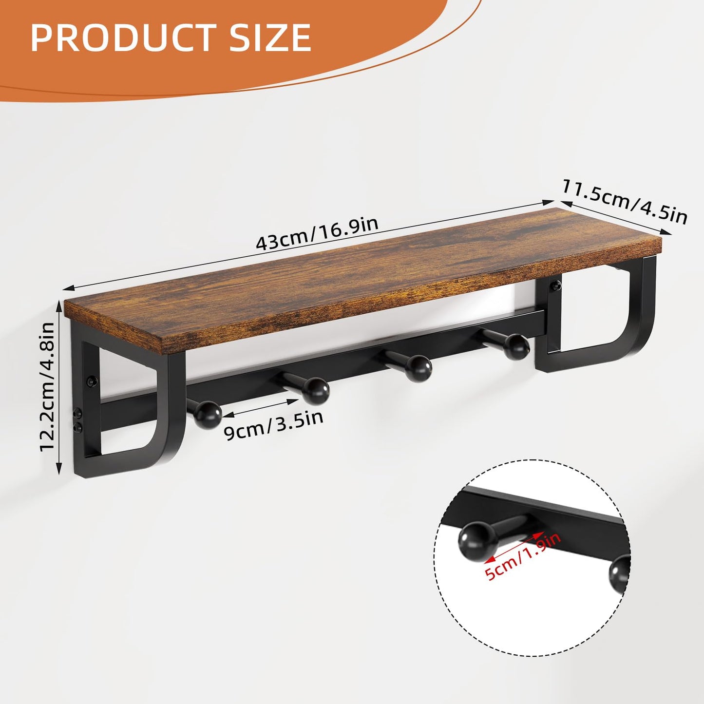 NANAGIFTREE Coat Rack Wall Mount, Wood Wall Shelf with Hooks, Coat Hanger Wall Mount with 4 Metal Hooks, Wall Mounted Coat Rack Organizer for Entryway, Bedroom, Living Room, Room Decor, Brown