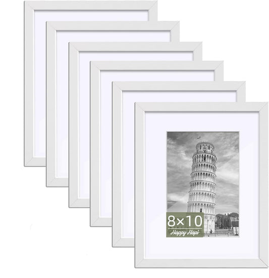 HappyHapi 8x10 Picture Frame Set of 6, 8x10 White Picture Frame Display Pictures 5x7 with Mat or 8x10 Without Mat. Wall Hanging Photo Frame or Tabletop Display Gallery Frame (White)