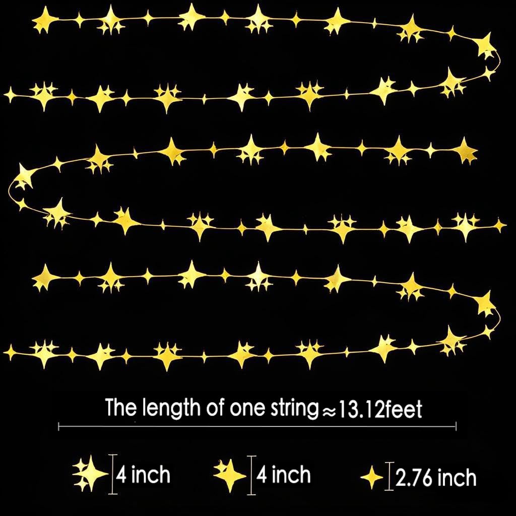 Glitter Gold Four-Angle Star Paper Garland Banner Décor 40 Feet Gold Twinkle Star Hanging Bunting Banner Backdrop for Wedding Baby Shower Birthday Graduation Disco Party Decorations
