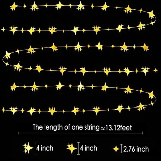 Glitter Gold Four-Angle Star Paper Garland Banner Décor 40 Feet Gold Twinkle Star Hanging Bunting Banner Backdrop for Wedding Baby Shower Birthday Graduation Disco Party Decorations