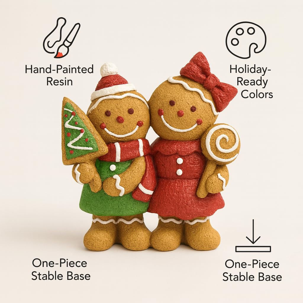 iStatue Christmas Gingerbread Couple Resin Figurine – Hand-Painted Holiday Décor, Boy with Tree Cookie & Girl with Bow and Swirl Lollipop, Tabletop/Mantel Accent (Brown Gingerbread)