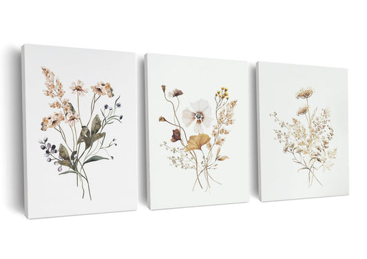 MTFBWY Botanical Canvas Wall Art Set of 3, Neutral Wildflower Pictures Wall Decor, Minimalist Floral Prints, Vintage Flower Wall Art for Bedroom, Bathroom, Living Room, 12x16 Inch
