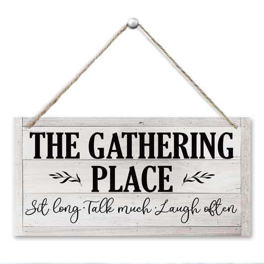 Rustic Farmhouse Hanging Wooden Signs, The Gathering Place Sign, Vintage Dining Room Wall Art, Sit Long, Talk Much, Laugh Often, Printed Wood Wall Art Sign, Retro Wall Plaques, 11.8 * 5.9 in