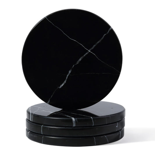 Koville Marble Coaster Set of 4, Round Coasters, 4" Stone Coaster for Drinks Coffee, White Marble Coasters for Coffee Table Home Bar Decor, Heat Resistant, Gift Choice(Black)