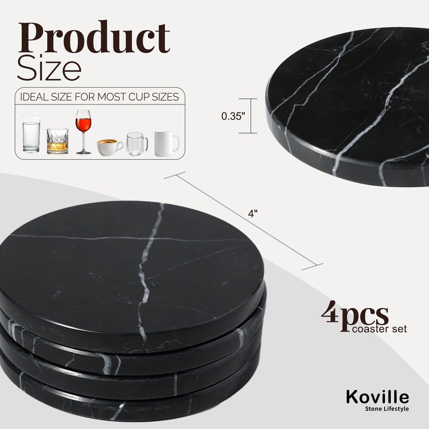 Koville Marble Coaster Set of 4, Round Coasters, 4" Stone Coaster for Drinks Coffee, White Marble Coasters for Coffee Table Home Bar Decor, Heat Resistant, Gift Choice(Black)